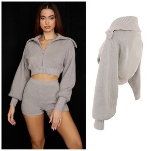 House of CB AILA Grey Knit Cropped Zip Up Sweater M NWOT